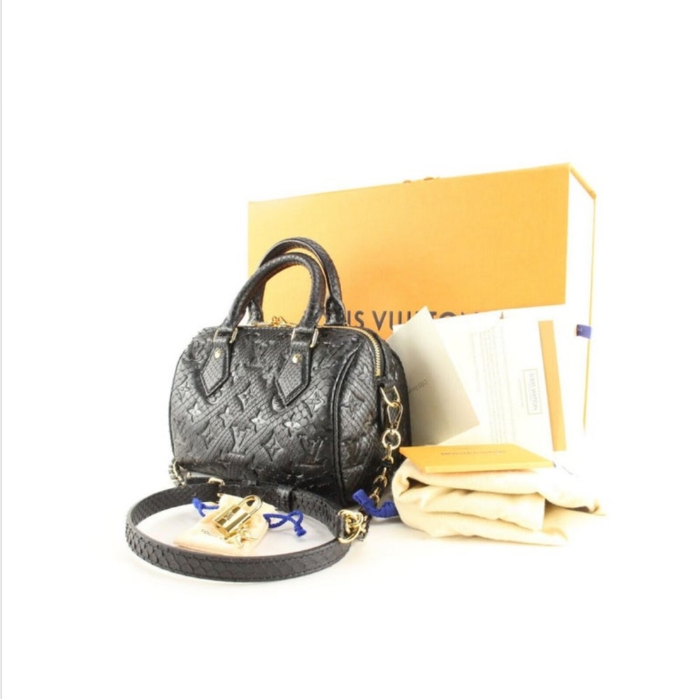 RARE NWT LOUIS VUITTON BLACK EXOTIC PYTHON SPEEDY 20 BANDOLIER WITH GOLD CHAIN